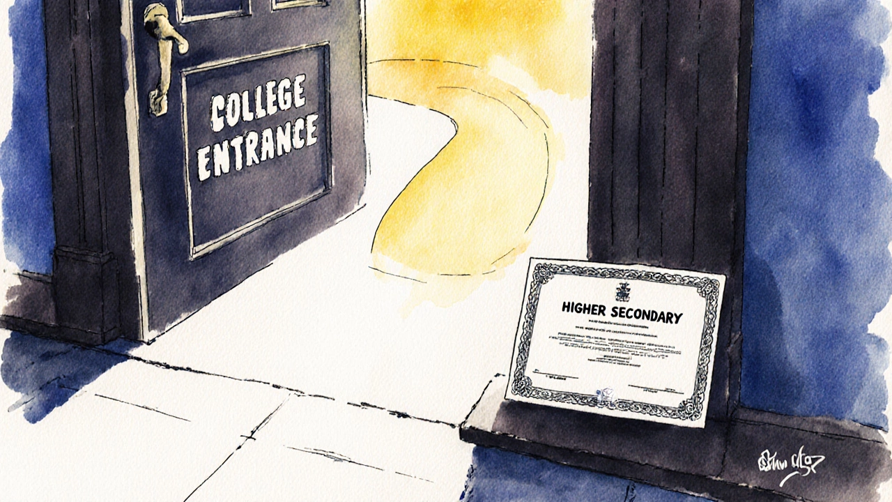 Symbolic door to college with Class 12 certificate on threshold