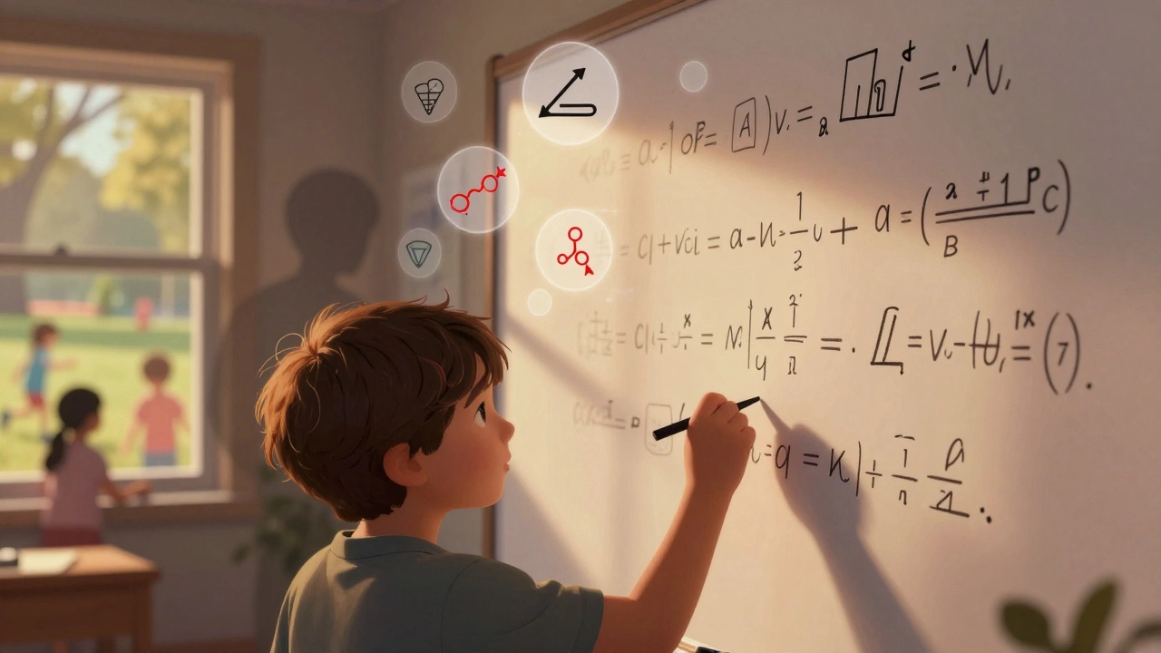 A child&#039;s hand writes advanced physics equations on a whiteboard while abstract concepts float above, night outside.