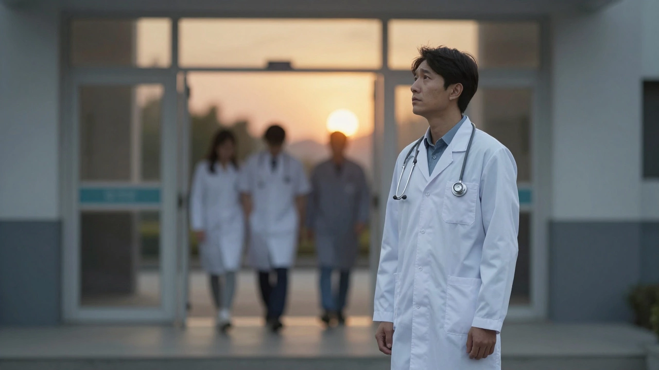 A doctor-in-training standing alone outside a hospital at sunrise, holding a white coat.