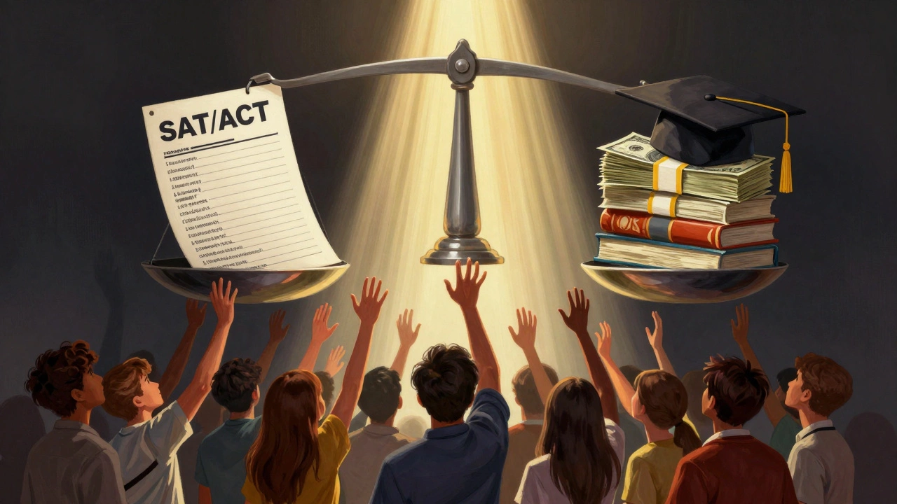 A giant scale balancing a test score against full scholarship rewards, with students reaching up from below as light shines from the winning side.