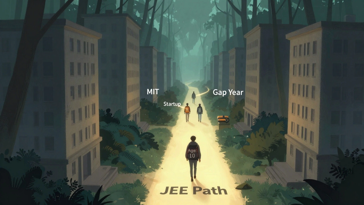 A lone child walks a narrow path toward IIT buildings, while others leave onto different routes marked by life choices.