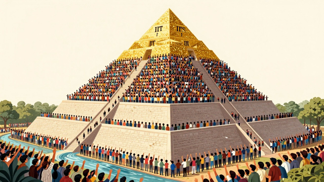 A pyramid of IITs with IIT Bombay at the top, crowded with students climbing, while lower IITs are wider and less congested.
