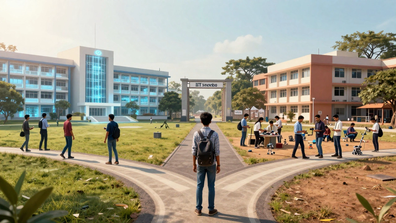 A student at a crossroads between two IIT campuses — one bustling with tech recruiters, the other calm with innovation — both equally lit.