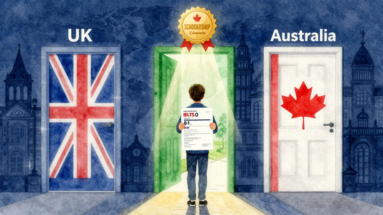 A student holding an IELTS 8.0 score, standing before three glowing doorways representing the UK, Australia, and Canada.