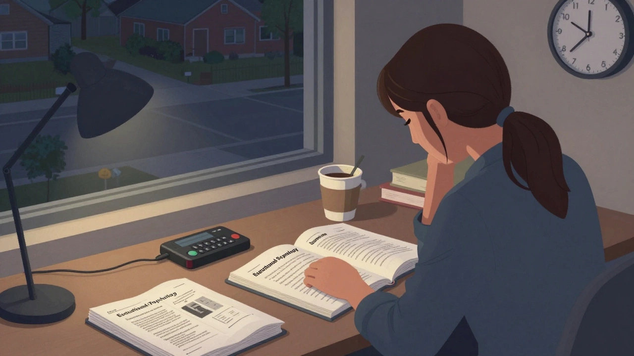 A teacher trainee works late at night surrounded by lesson plans and coffee, exhausted but determined.