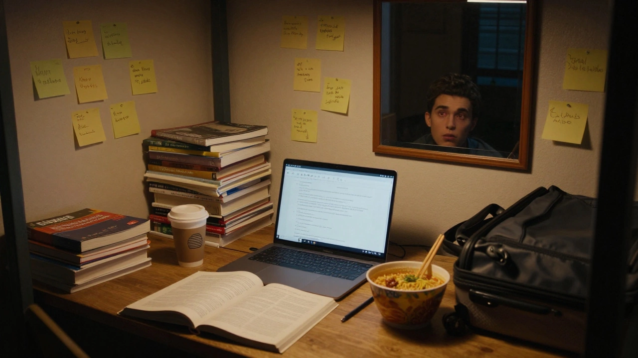 A tired medical student studying late at night surrounded by books, notes, and coffee in a dorm room.