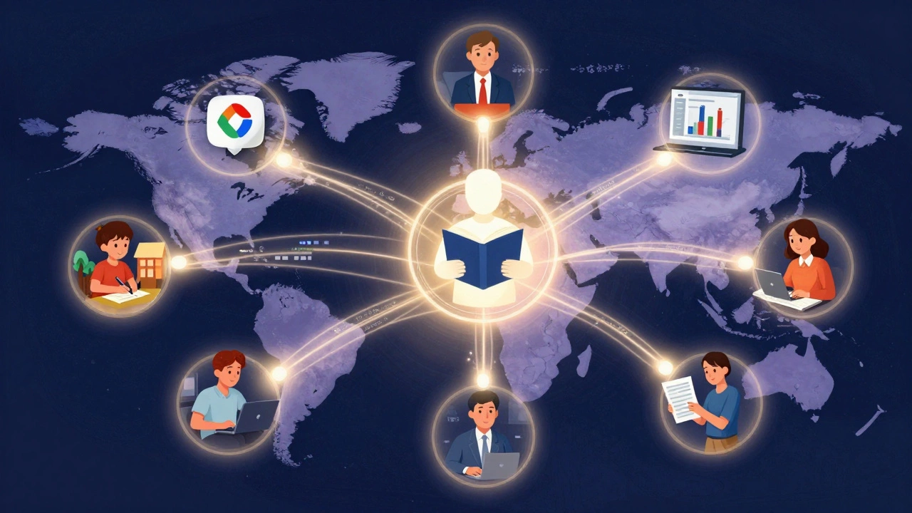 Abstract network of learning platforms connected to diverse users across the world.