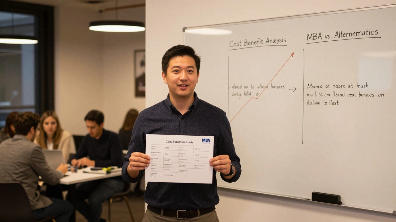 An entrepreneur pitching to investors while comparing MBA costs to affordable certification alternatives.