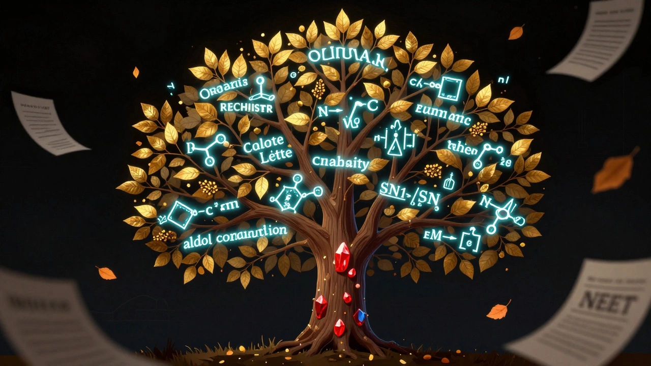 Chemistry topics visualized as a glowing tree with organic reactions as golden leaves and inorganic exceptions as red crystals.