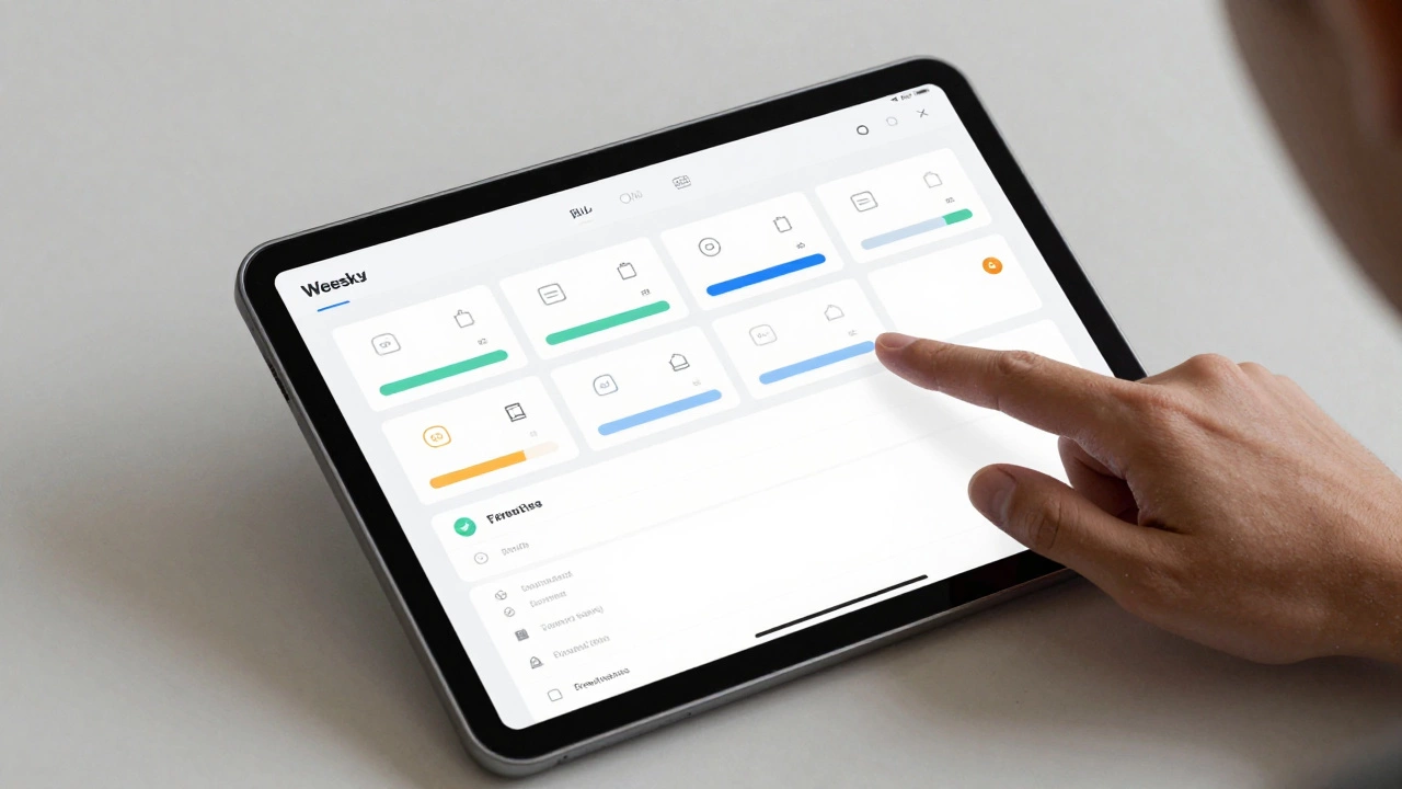 Digital learning dashboard showing course modules, progress bars, and submission icons on a tablet.