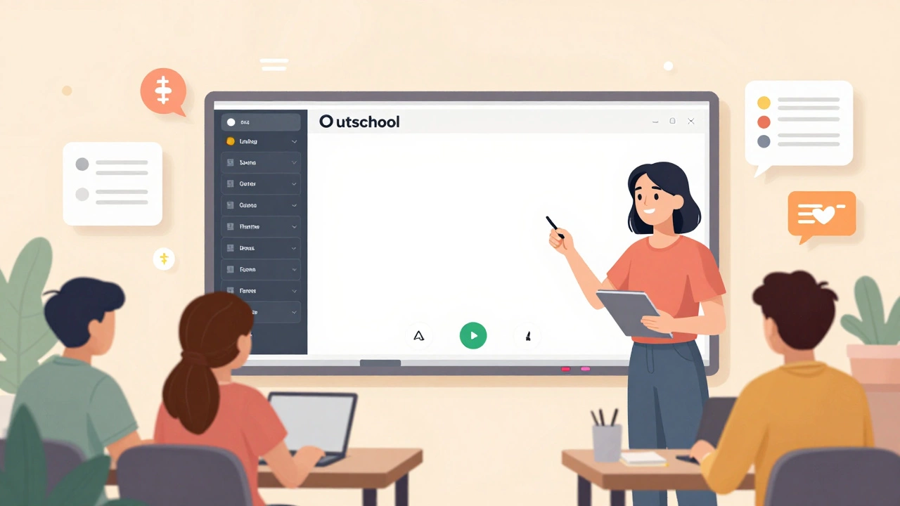 Independent tutor teaching teens via Outschool with interactive whiteboard and polls.