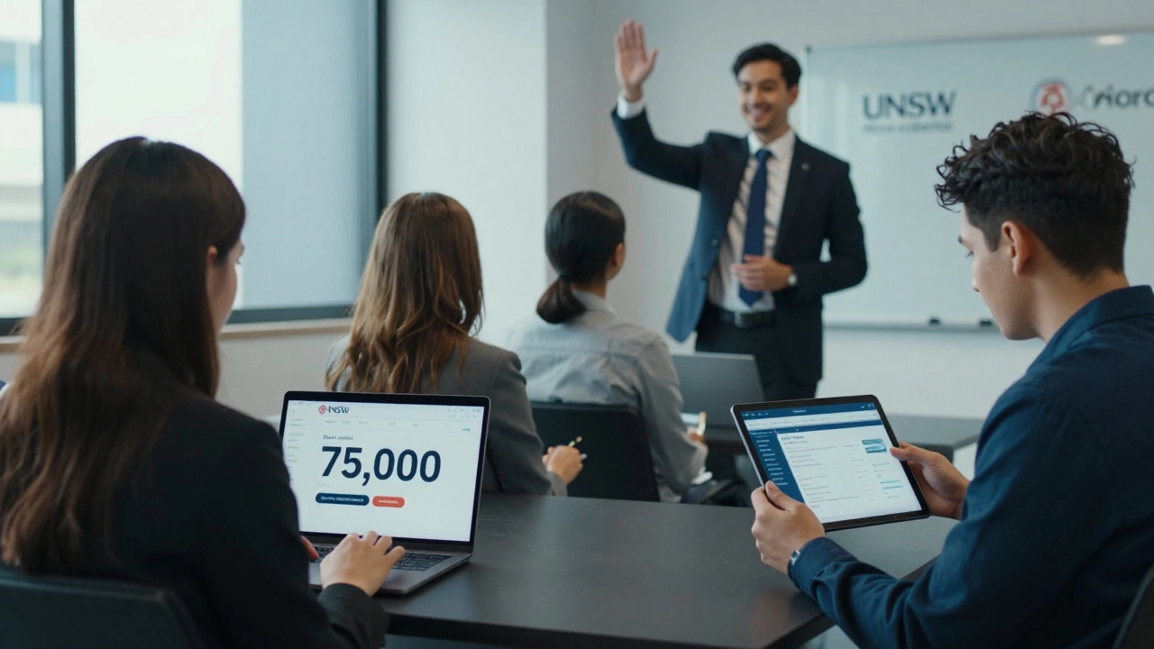 MBA students in a classroom, one facing debt, another connecting with a recruiter, and a third using online learning tools.