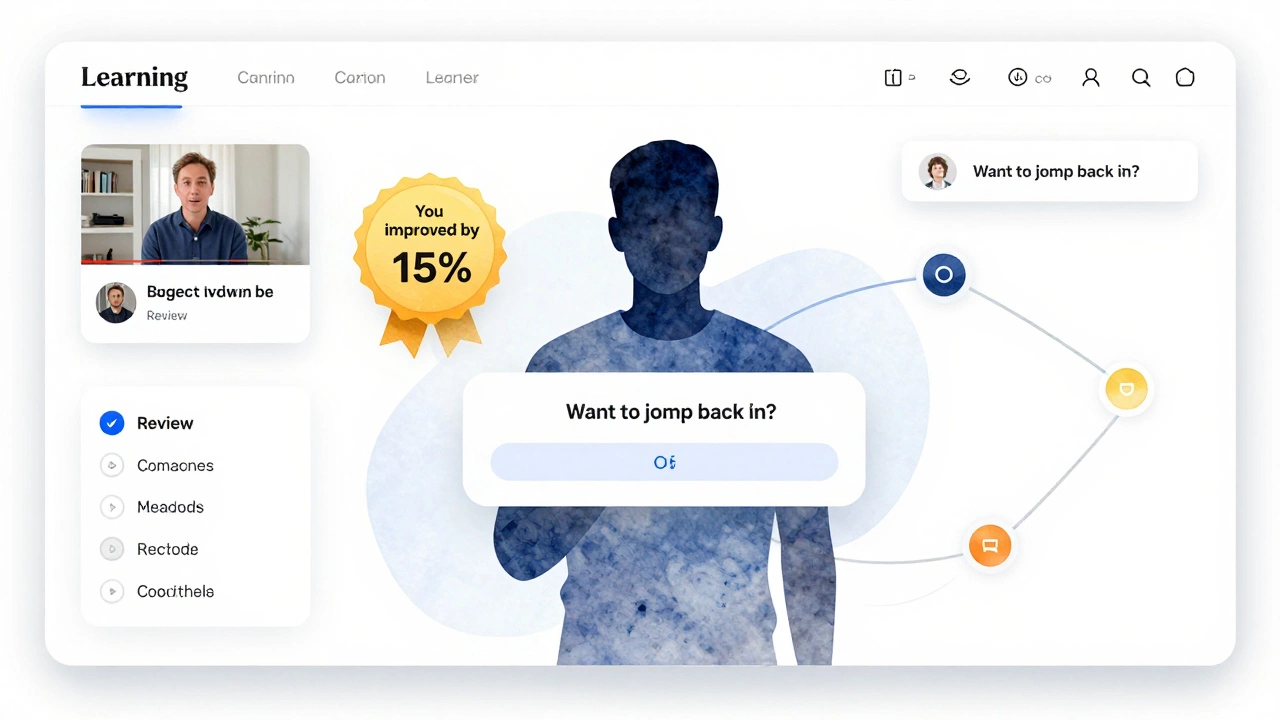 Personalized learning dashboard with adaptive feedback and progress indicators surrounding a user silhouette.