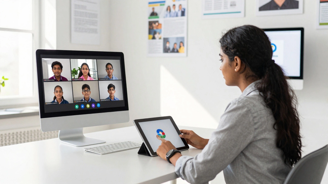 Schoolteacher using Google Meet with real-time captions in a bright classroom.