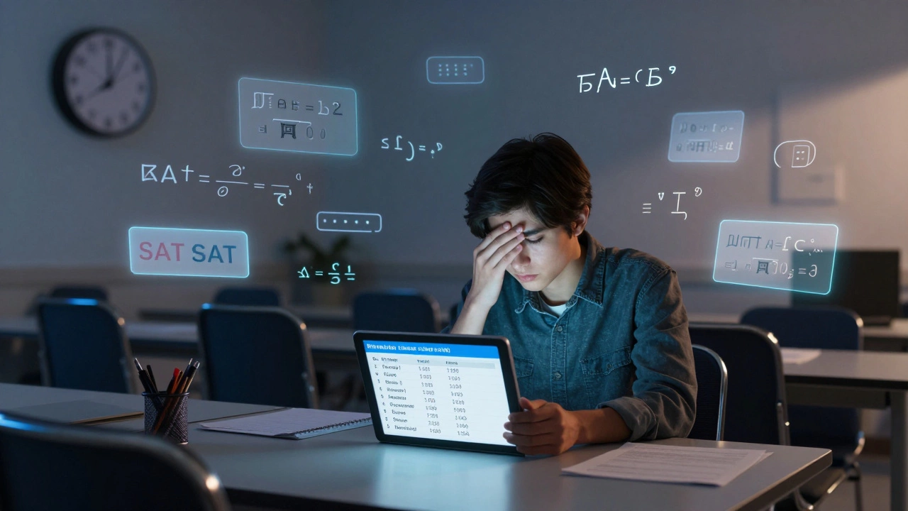 Student solving a SAT word problem with abstract floating equations in a quiet testing center.