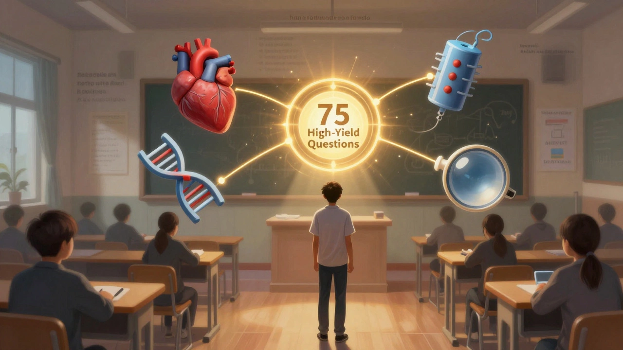 Student surrounded by floating icons of high-yield NEET topics connected to a target labeled &#039;75 High-Yield Questions&#039;.