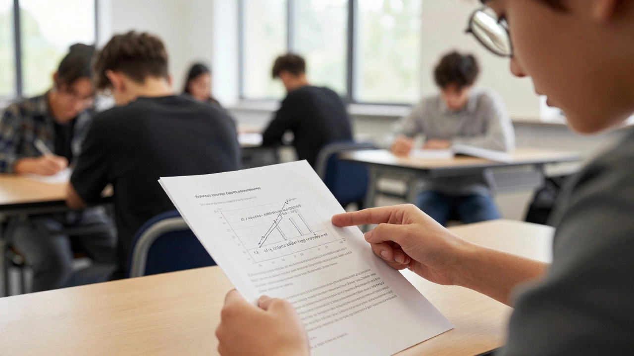 Student writing an analytical essay for a UK A-Level exam with a graph and detailed notes.