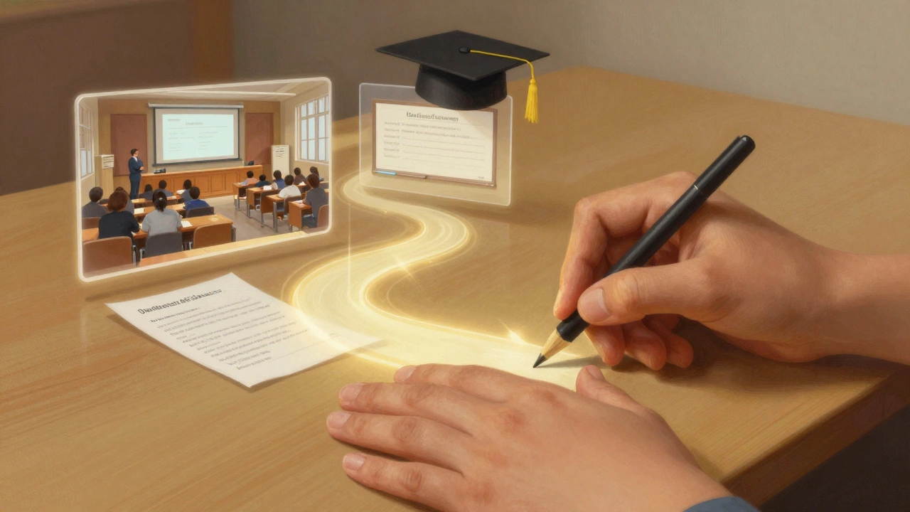 Symbolic hands guiding a child’s writing, with layers representing education stages merging into a path.