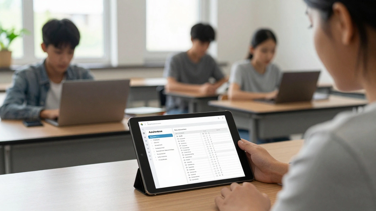 Teacher using Google Classroom to manage student assignments on tablet
