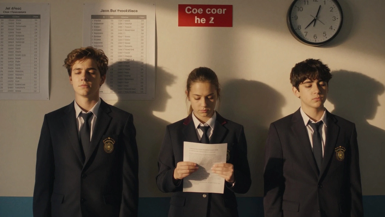 Three students in a classroom, each visibly affected by a wall of rankings and motivational posters.