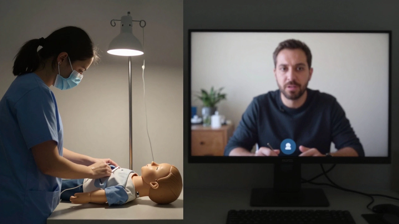A nursing student practicing on a mannequin while watching a distant Zoom lecture.