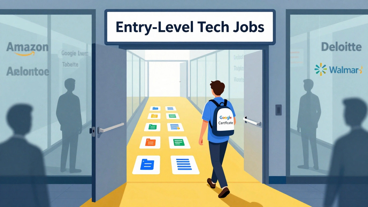 A person walking through a door into tech careers, guided by icons of data tools and company logos.