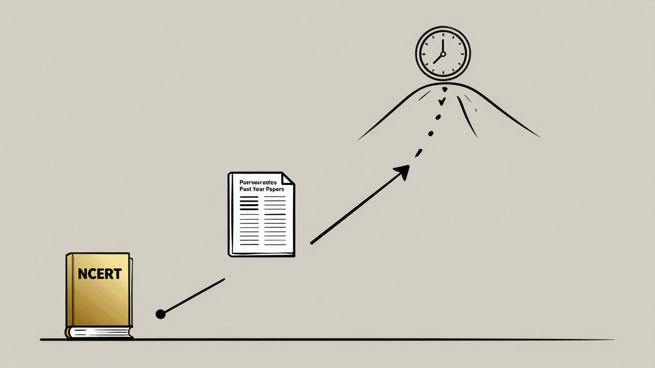 Artistic roadmap showing NCERT, past papers, then DC Pandey as a final step in NEET physics prep.