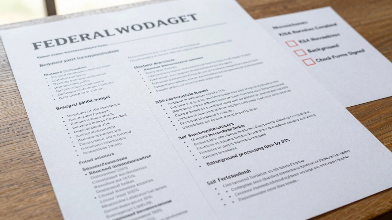 Detailed federal resume with quantified achievements on a wooden table.