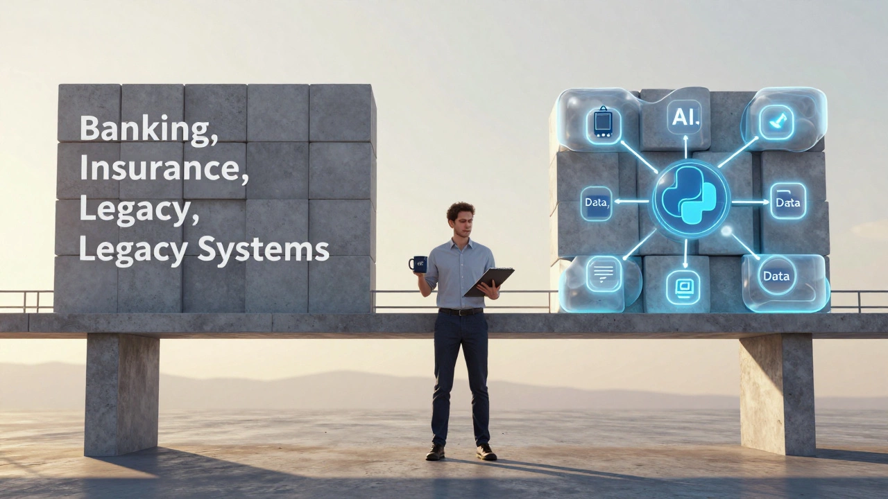 Developer standing on a bridge made of Java and Python code blocks, symbolizing career choice.