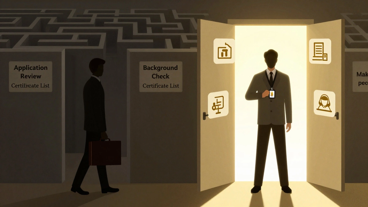 Person exiting a bureaucratic maze into sunlight holding a government badge.