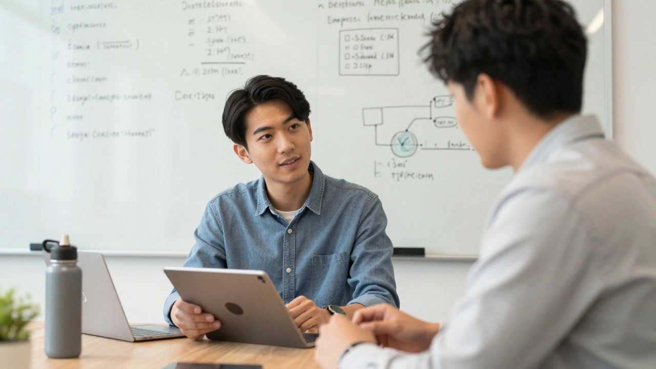 Professional presenting coding portfolio to hiring manager in office