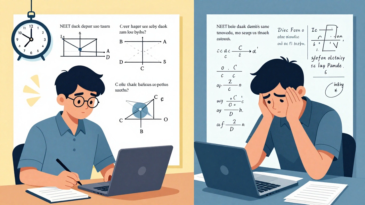 Split image: student solving a quick NEET-style question vs. struggling with a complex DC Pandey problem.