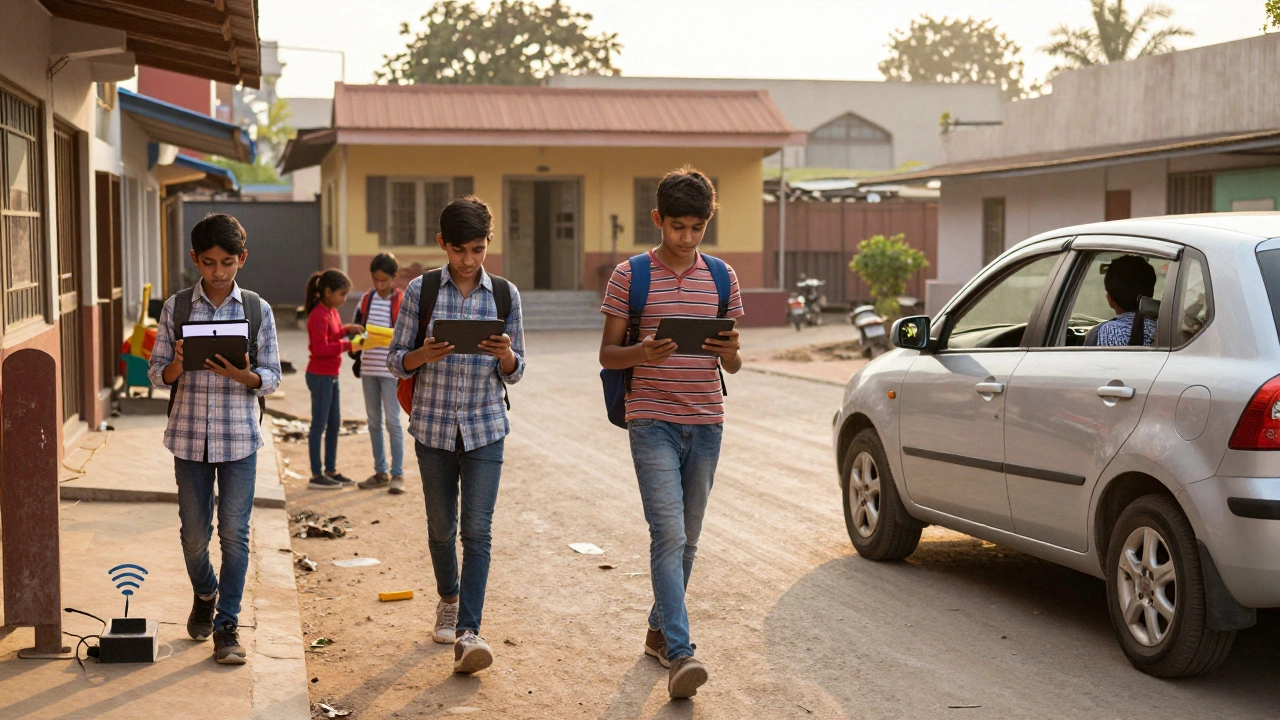 Students in different countries trying to attend online classes under challenging conditions.