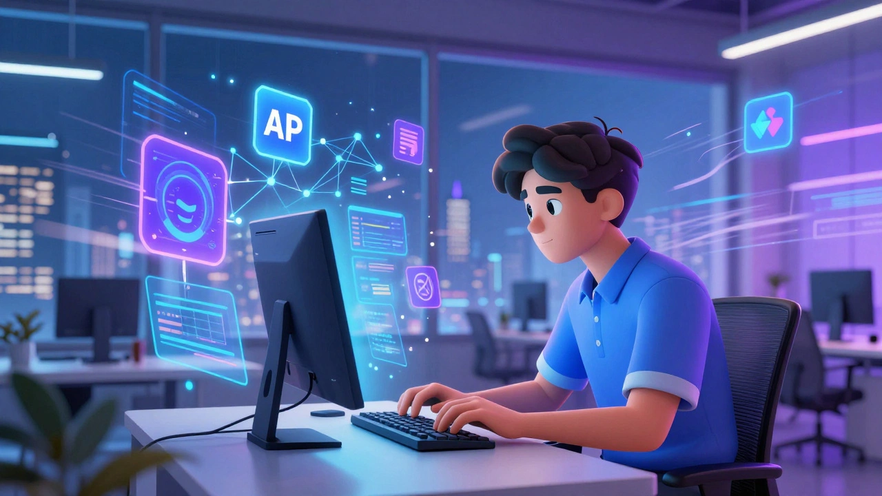 Young developer in a startup office surrounded by AI data visualizations and Python libraries.