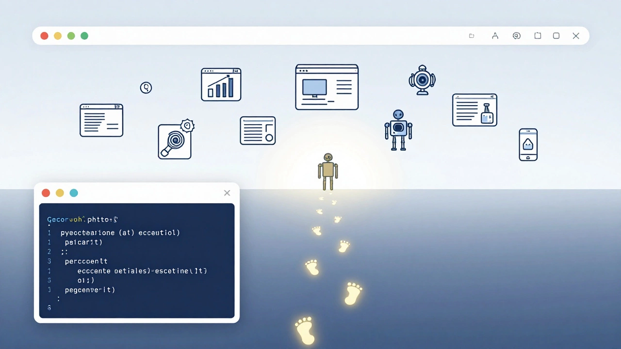 A glowing path of footprints leading from Python code to icons representing websites, data, and apps, symbolizing growth.