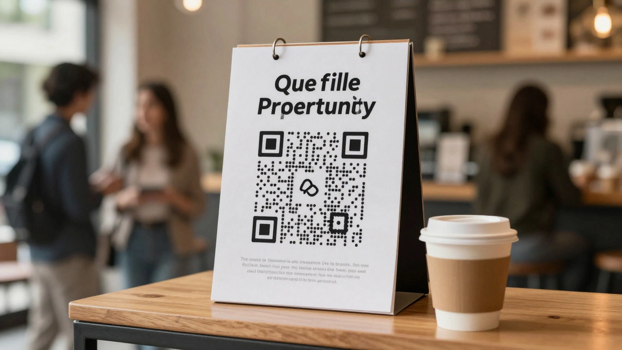 A handwritten flyer with a QR code on a café board, next to a coffee cup.