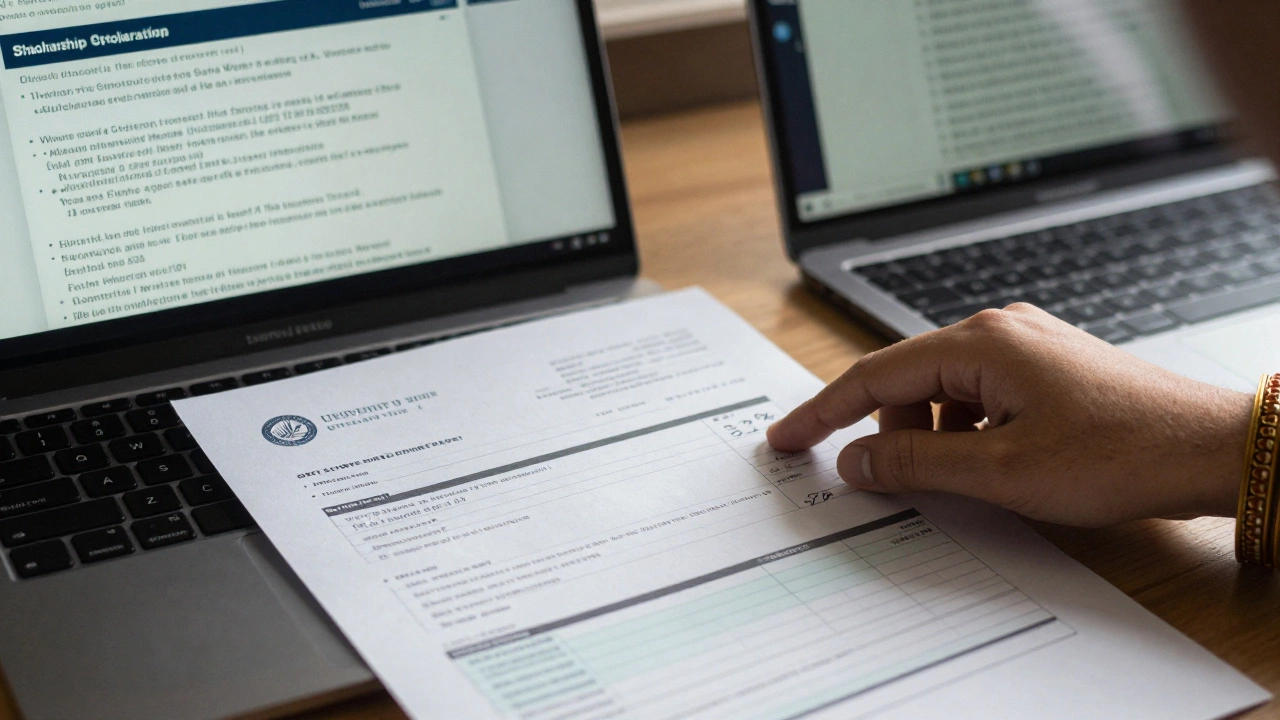 A student with a traditional Indian bangle examines a GRE score report beside a laptop showing a university scholarship offer.