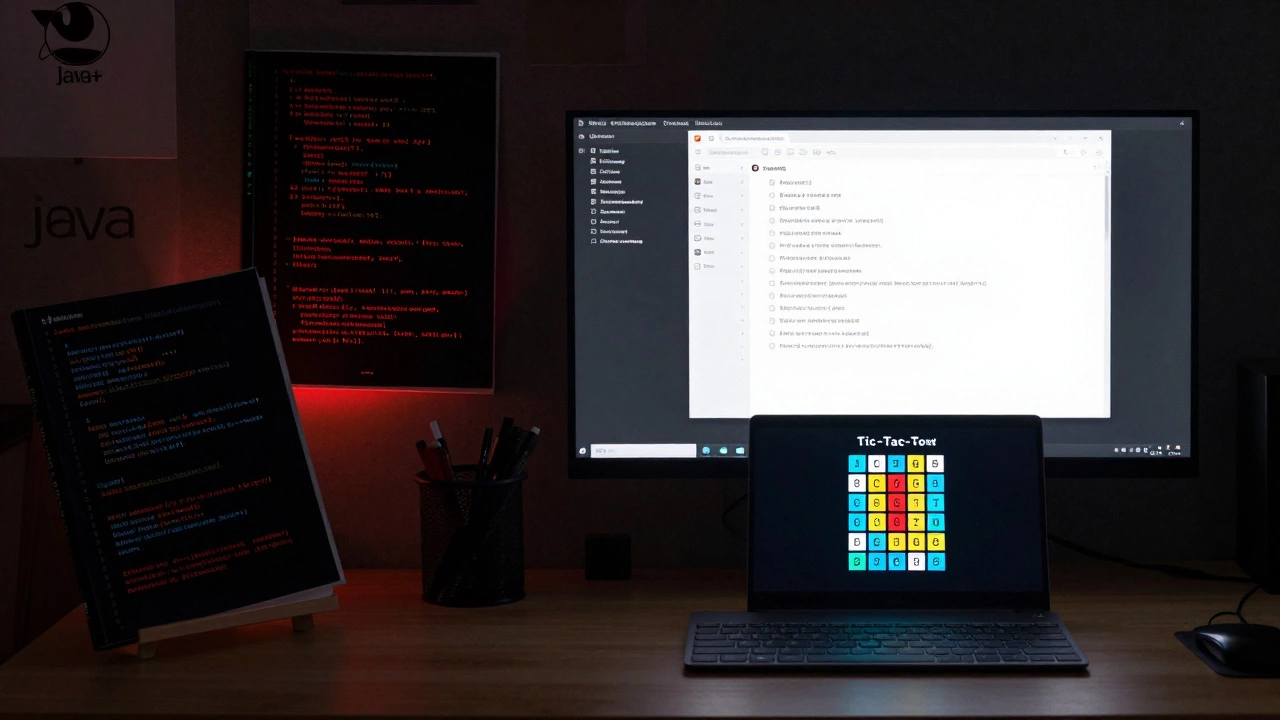 Contrasting workspace: messy Java/C++ side versus clean Python side with running scripts for automation and games.