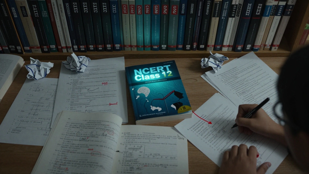 Glowing NCERT textbook on a shelf of books, with solved JEE problems nearby and discarded papers