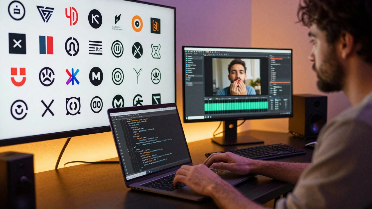 Graphic designer writing code to generate logo variations while an animator syncs motion to audio.