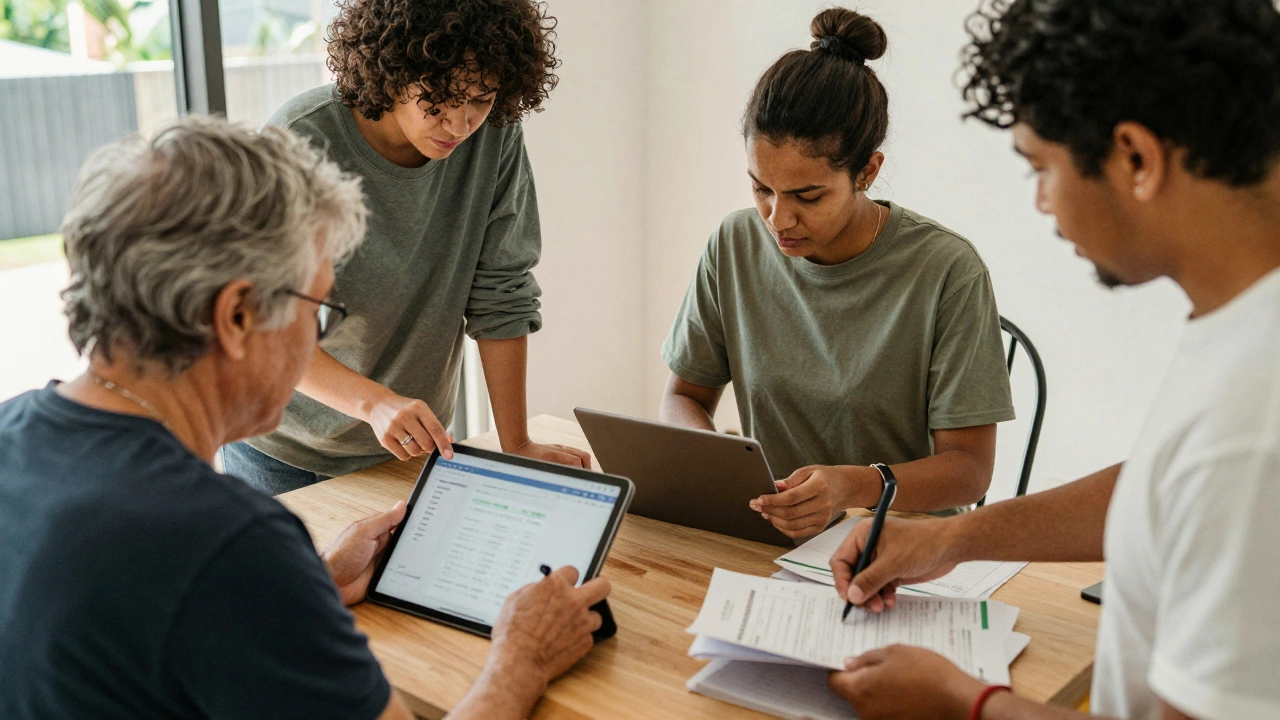 People helping others with tech, design, and organization tasks in a suburban setting.