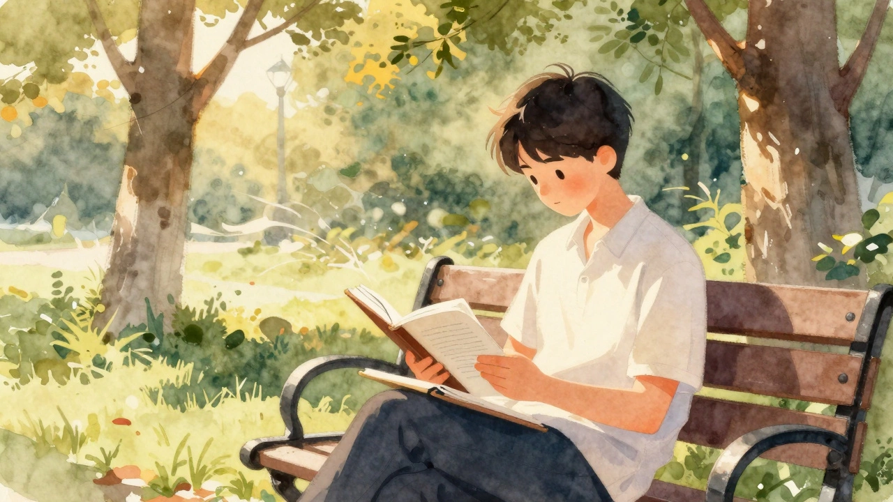 Person reviewing history notes in park during golden hour with notebook