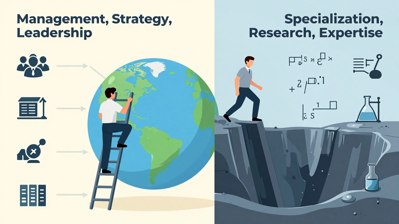 Split path showing leadership ladder on one side and technical research on the other.