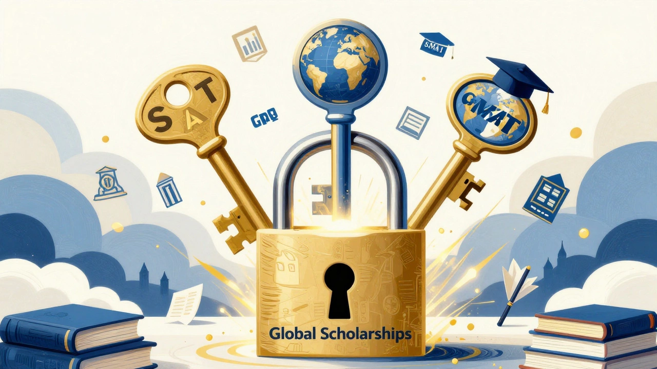 Three giant keys shaped like SAT, GRE, and GMAT logos unlocking a global scholarship lock, surrounded by university icons.