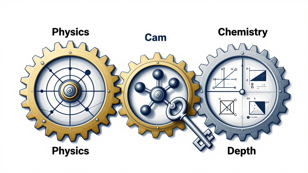 Three interlocking gears representing Physics, Chemistry, and Mathematics forming a complex puzzle system