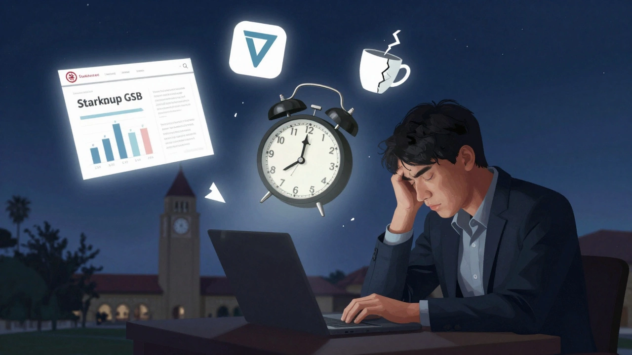 A Stanford MBA student overwhelmed by floating symbols of startup pressure and sleeplessness at 3 a.m.