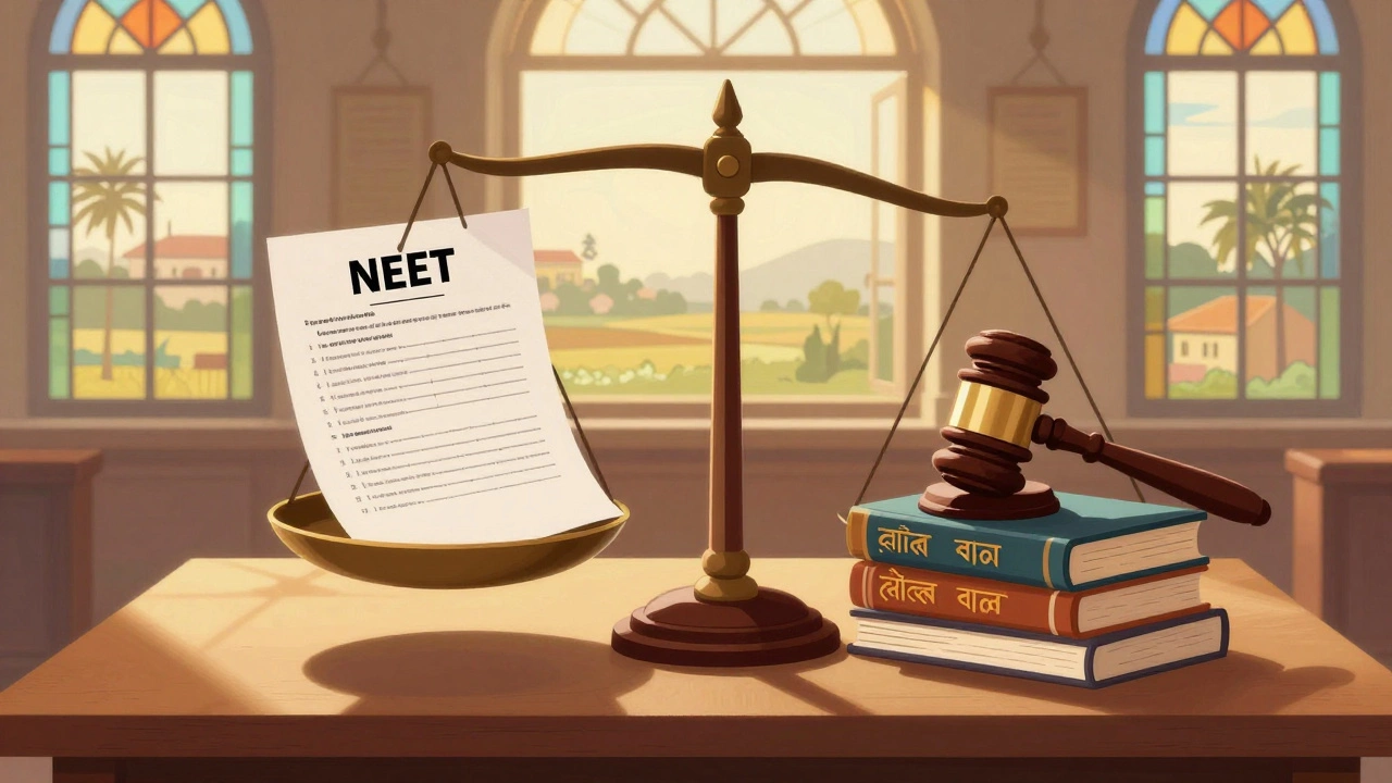 A symbolic scale balancing NEET papers against Bengali study books in a quiet West Bengal courtroom setting.