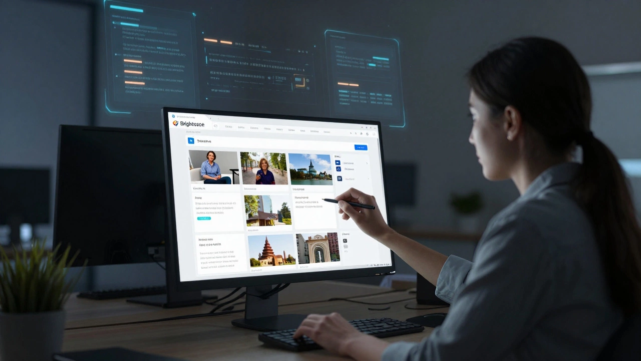 A teacher customizing a digital lesson dashboard with multimedia tools on an education platform.