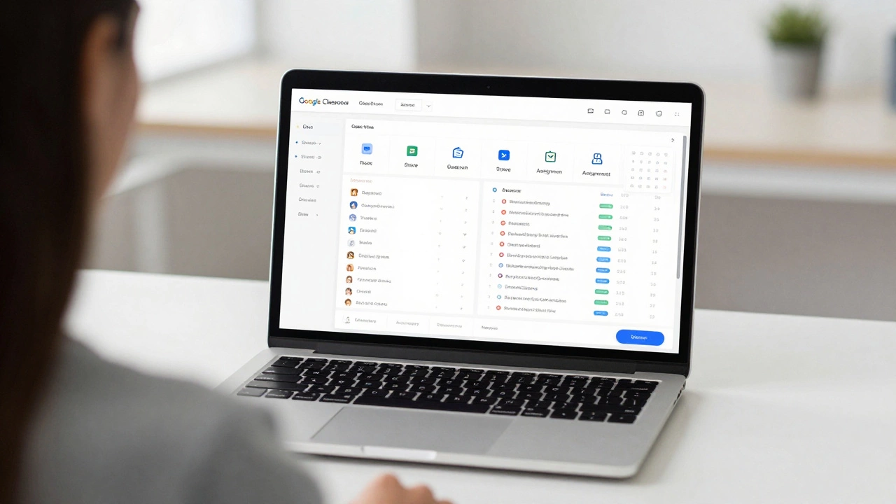 A teacher viewing Google Classroom dashboard with assignments, gradebook, and calendar integrations on a laptop screen.