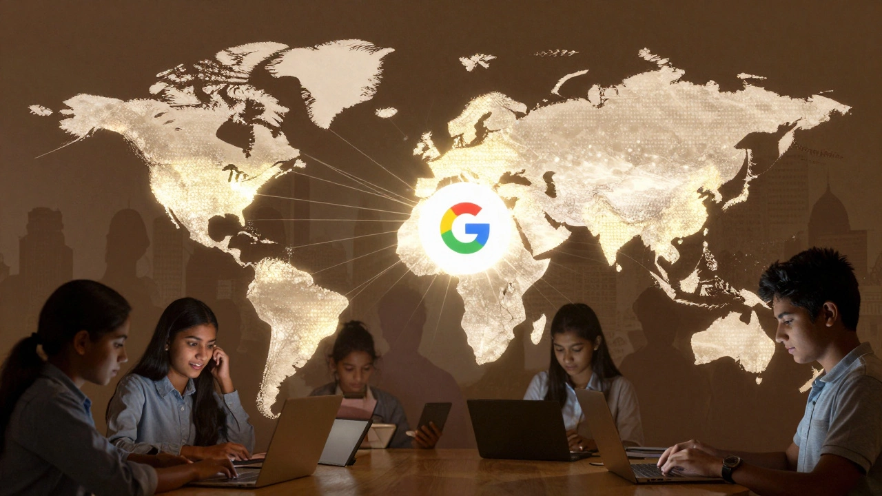 A world map with glowing connections to Google Classroom, showing its global use by students and teachers.